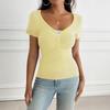 T-shirt Casual da Donna Scollo a V Bottoni Arricciata Manica Corta Vestibilità Aderente
