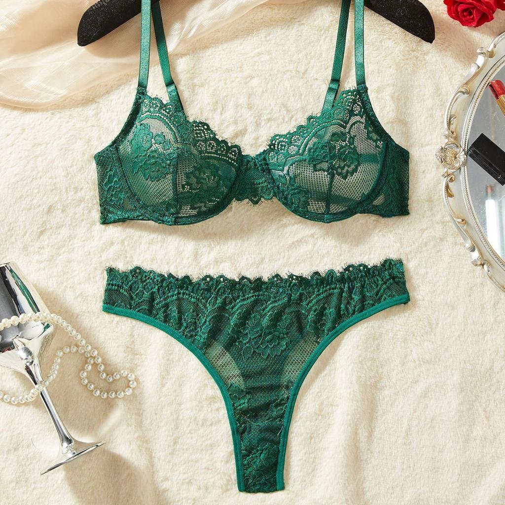 Bar set green women's underwear ultra-thin see-through bra lace sexy steel ring gathering bra set
