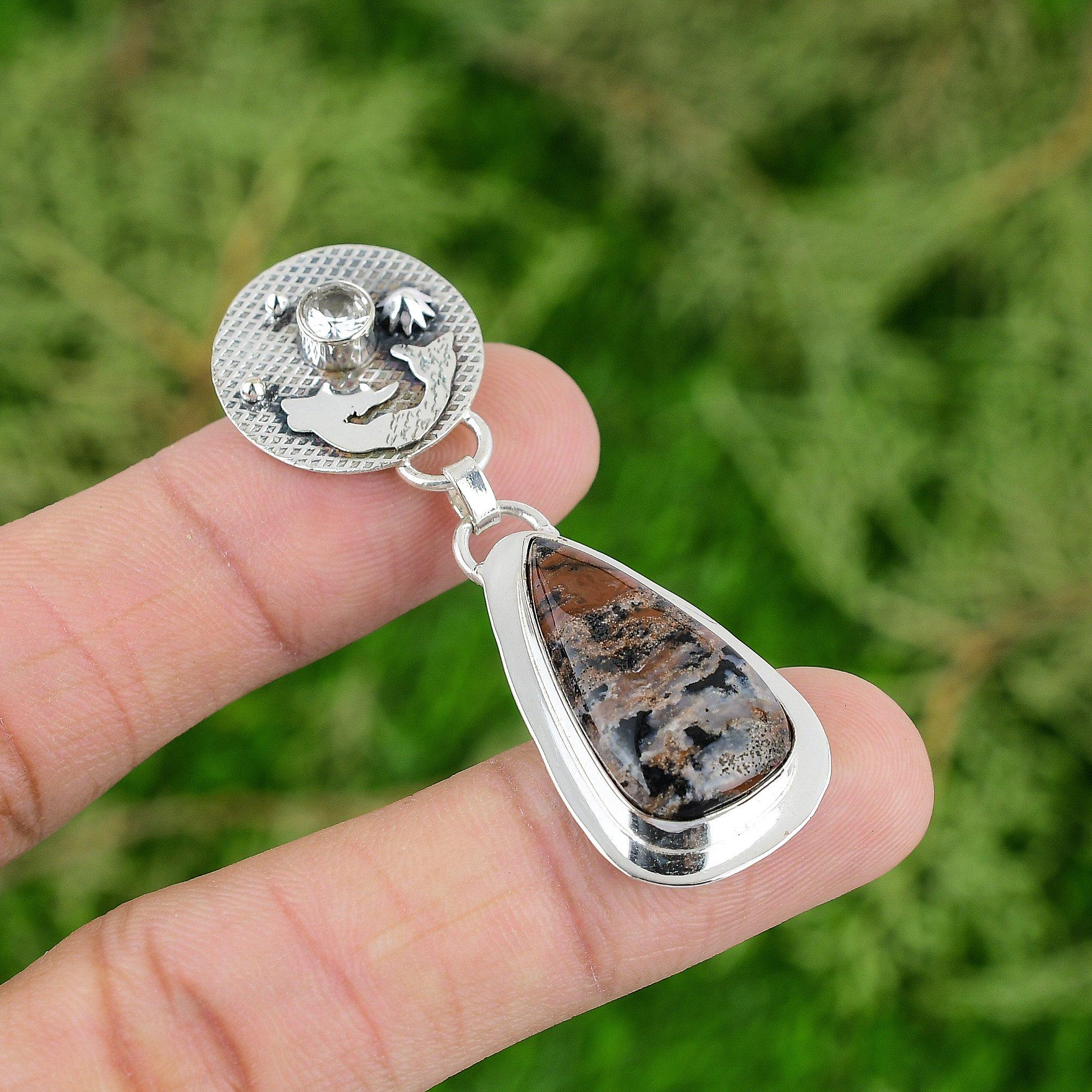 

Sterling Silver Trillion Natural Honey Dendrite Opal White Topaz Mermaid Pendant