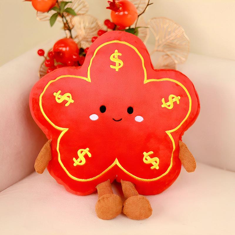 New Year Plush Toy: Prosperity Hug Pillow with Dumplings & Copper Coins, Festive Figure Doll & Decoration with Red Flower for New Year's Eve
