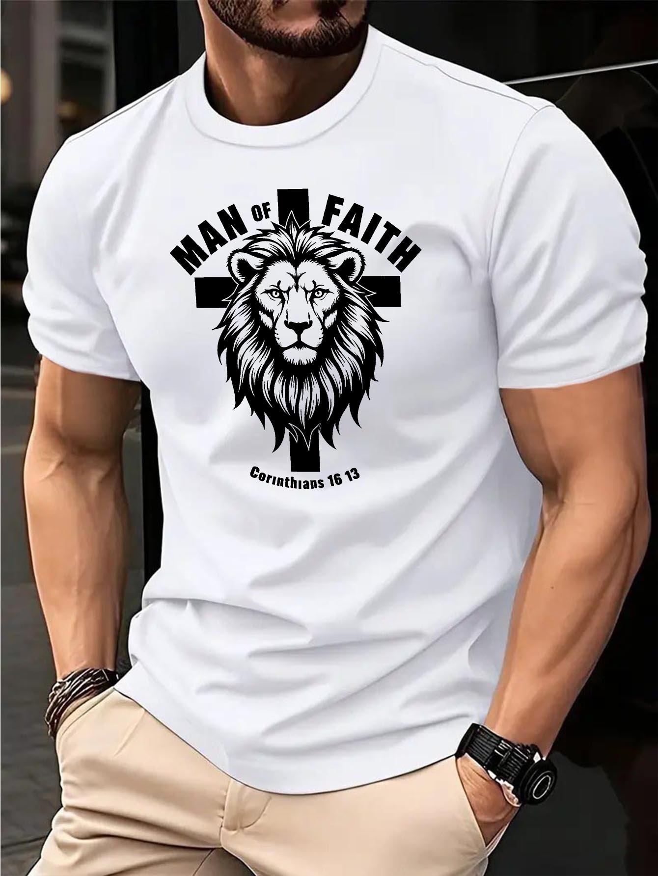 

Cotton Blend T-shirt with Lion & Cross Faith Graphic Print - Micro-Stretch Knit Fabric M