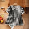 Women Lace Splice Collar Casual Short Sleeve Plaid Print Blouse