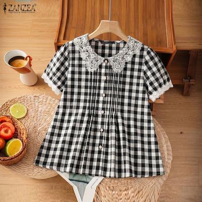 Women Lace Splice Collar Casual Short Sleeve Plaid Print Blouse