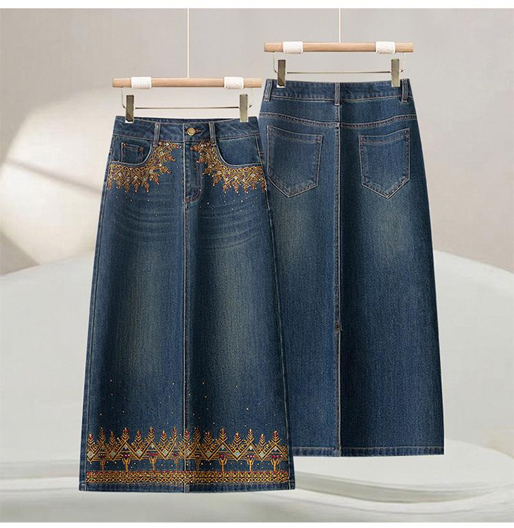 25 Spring/Autumn Women's High-Waist Denim Skirt with Colorful Embroidered Edge and Slit