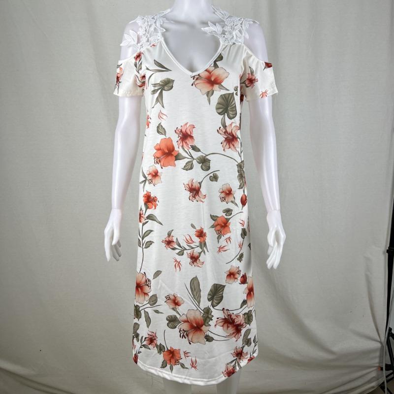 Vestido de Verano con Hombros Descubiertos de Encaje y Manga Corta Nuevo Estampado Holgado Casual Vestidos de Fiesta Moda Femenina Elegante Línea A Talla Grande Ropa Dulce
