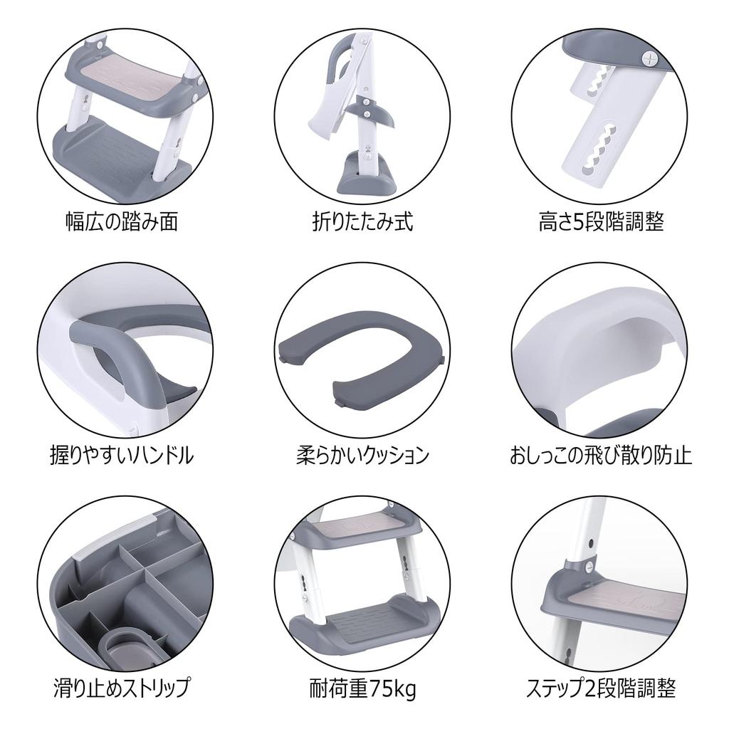 Thinkmax Ekstra Toalettsete Toalettreningssete med Trinn Omtreningssete Sammenleggbar Krakk Toalett Kompatibel med Arauno Barns (Grå)