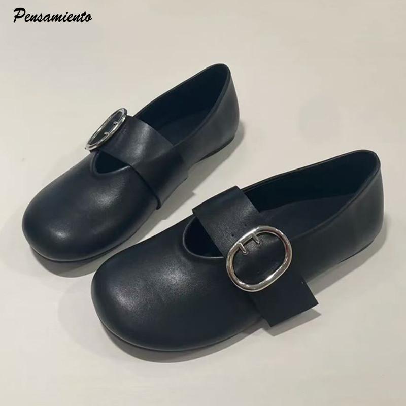 Ins style Metal Buckle Mary Janes Women Ballet Flats Comfor Soft Sole Leather Spring Autumn Lazy Dance Loafers Shoes