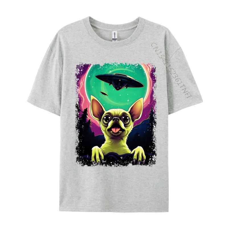 100 Cotton Fabric Men Chihuahua Puppy Surprised Ufo Flying Saucer T Shirt Casual Tops Shirt 2024 Newest Tops Shirt