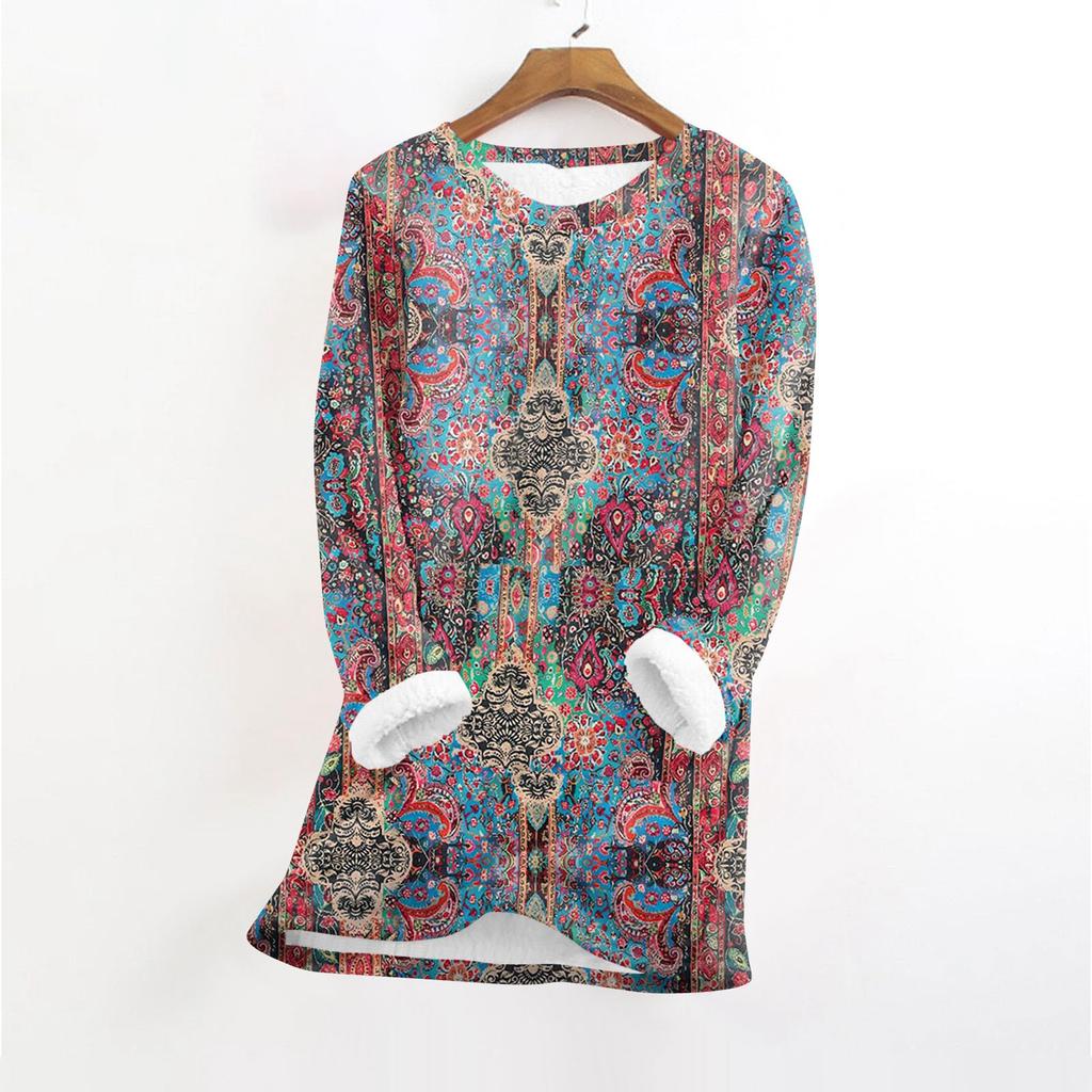 Women's Fashionable Printed Round Neck Long Sleeved Plush Warm Pullover Top