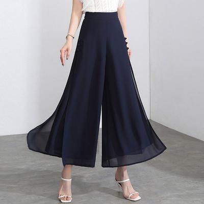 Pantaloni larghi a vita alta da donna per l'estate in chiffon fluido, lunghezza cropped