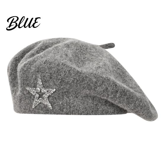 Ladies Winter Hat Women Knitted Beret for Fall Winter French Style Artist Vintage Inspired Cap with Rhinestone Star Stretchy Solid Color Knitting