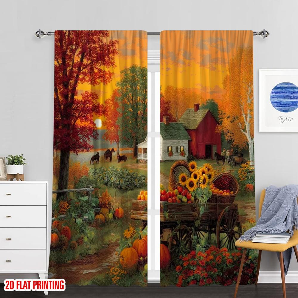 Set Of 2 Flat Printing St Patrick Day Curtain Red Barn Pumpkin Cart Orange Autumn Fabric Without Electricity Festive Made Polyester