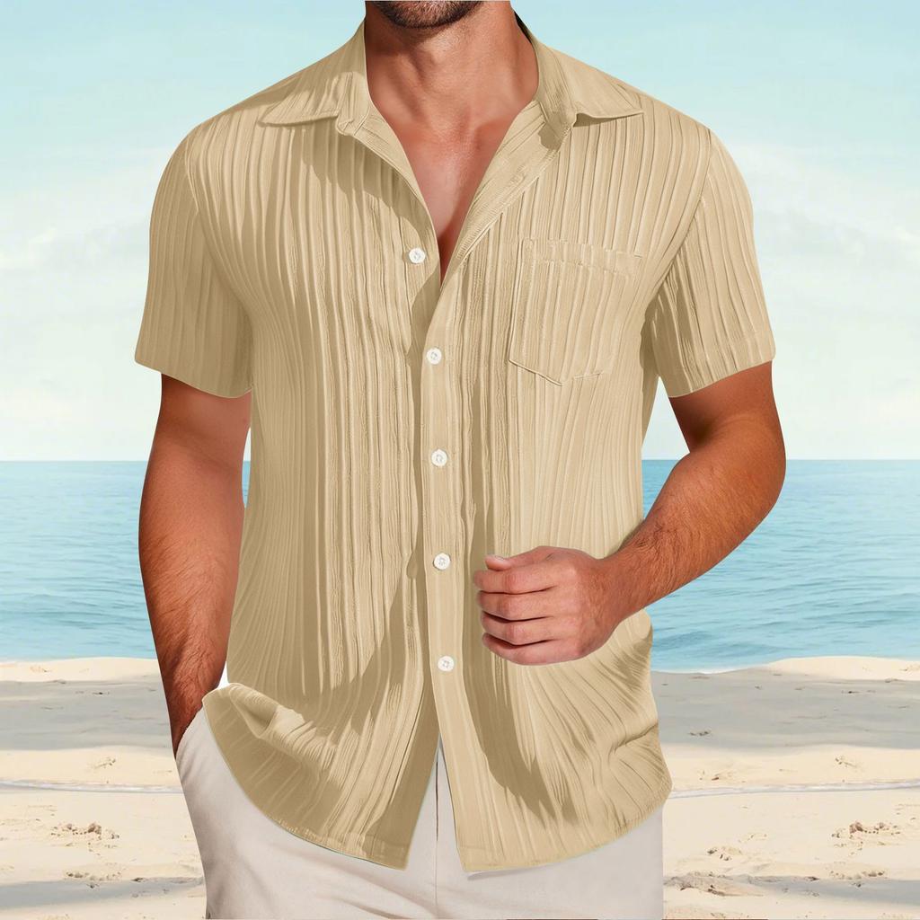 Men's Textured Casual Short-sleeved Shirt, Solid-color Loose Top With Pocket