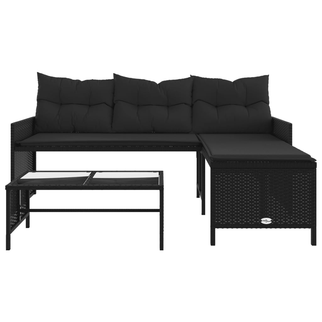 L Shaped Garden Sofa Set with Table and Cushions Black Poly Rattan