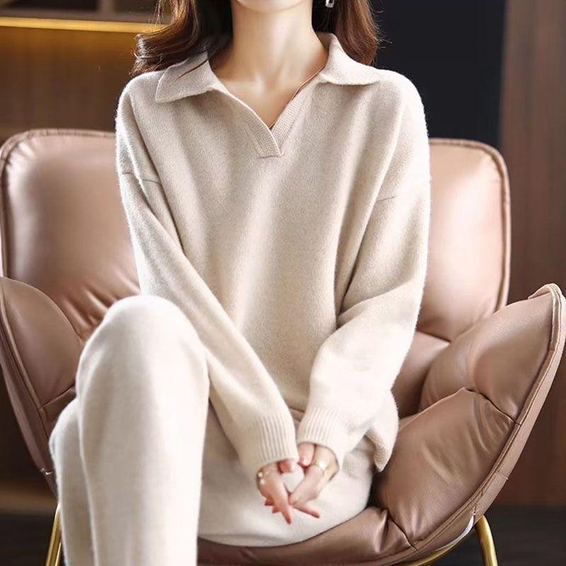 

Casual Knitted 2 Piece Sets Korean Polo Neck Sweater Pullover Conjuntos Women High Waist Ankle Length Malhas Harem Pant XS
