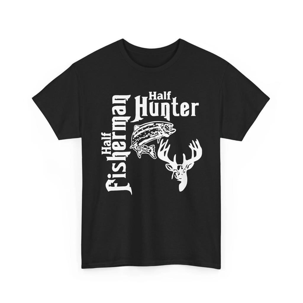 Half Fisherman Hunter Fishing Hunting Buck Deer Fish Unisex Heavy Cotton TShirt