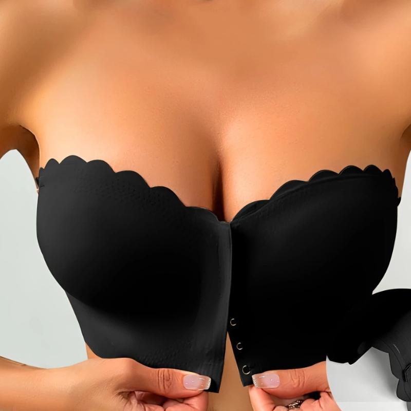 Women White Front-Closure Strapless Bra with Non-Slip Grip and Scalloped Trim