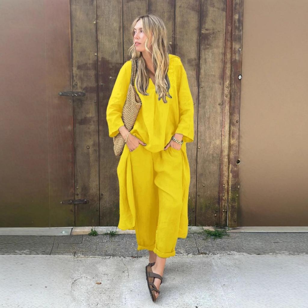 Spring New Plus Size 2 Pieces Set Women Cotton Linen Shirt + High Waist Loose Long Pants Outfit