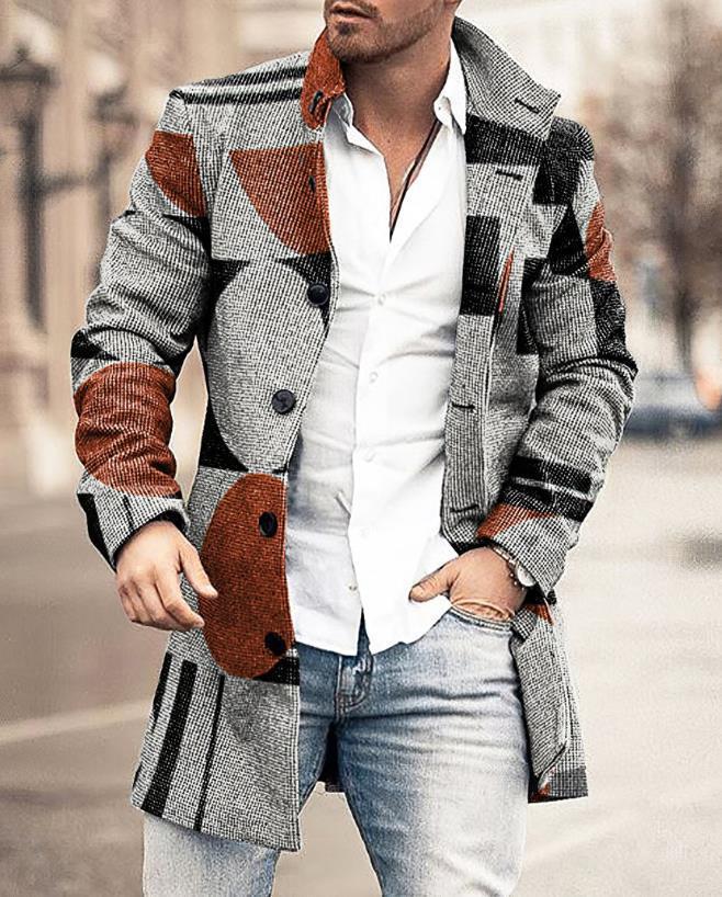 Men's Woolen Mid-Length Digital Print Coat - Autumn/Winter Collection