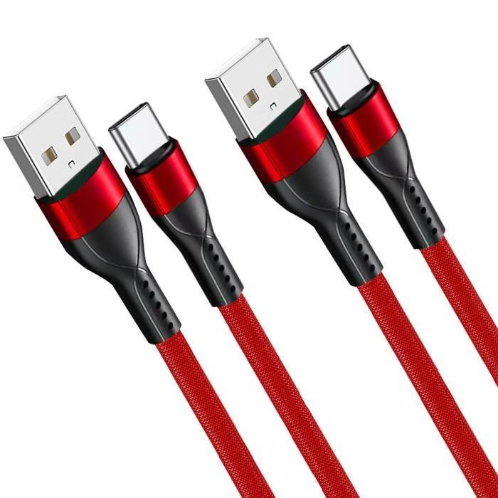 2 Câbles USB-C 1M Charge Rapide 3A pour Xiaomi Redmi 14C 13C, Redmi Note 13/14, Redmi Note 13 Pro 4G-5G, Note 13 Pro+ - Nylon Rouge