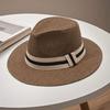 Unisex Straw Fedora Hat With Striped Band Wide Brim Summer Beach Sun Hat