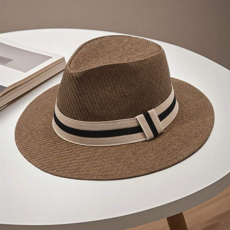 Unisex Straw Fedora Hat With Striped Band Wide Brim Summer Beach Sun Hat