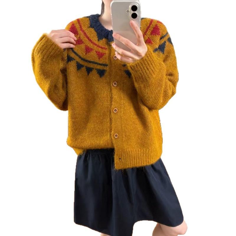 Vintage Contrast Geometric Crew Neck Single-Breasted Shoulder Long Sleeve Wool Blended Knitted Jacket Casual Top