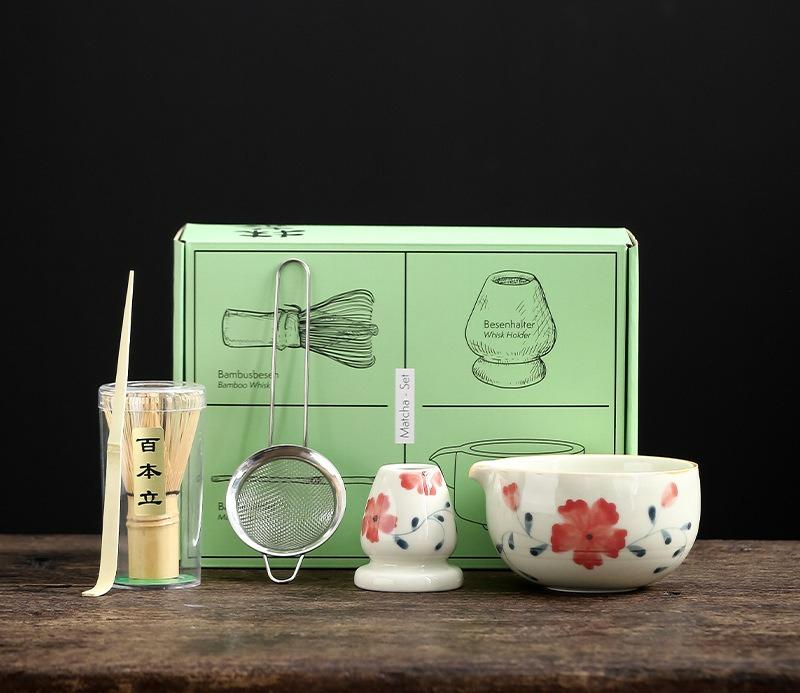 Japanese Hand-Painted Matcha Bowl Set 5-Piece Tea Making Tools With Chasen Stand Hyakuhon Dachi Tea Ceremony Utensils