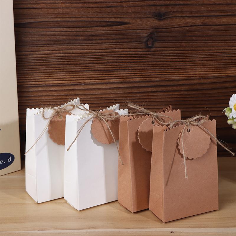 20/50Pcs Retro Kraft Paper Gift Box White Brown Cookie Candy Packaging Bag With Rope Tags Birthday Wedding Party Gifts Supplies