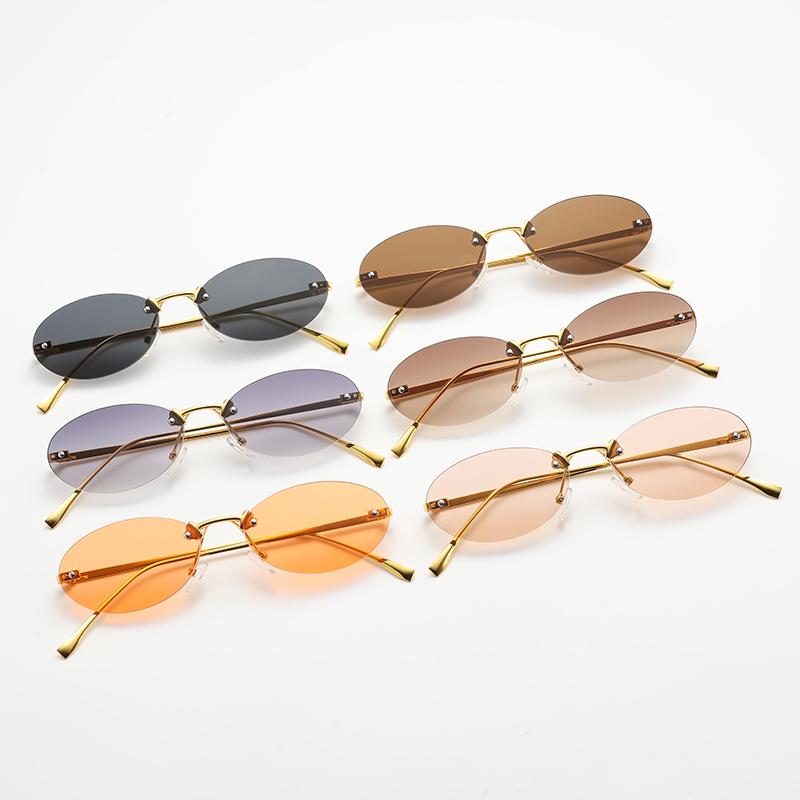 3pcs Trend Rimless Oval Sunglasses Women Rivet Small Thin Frame Frameless Luxury Metal Shades Brand Design Sun Glasses UV400