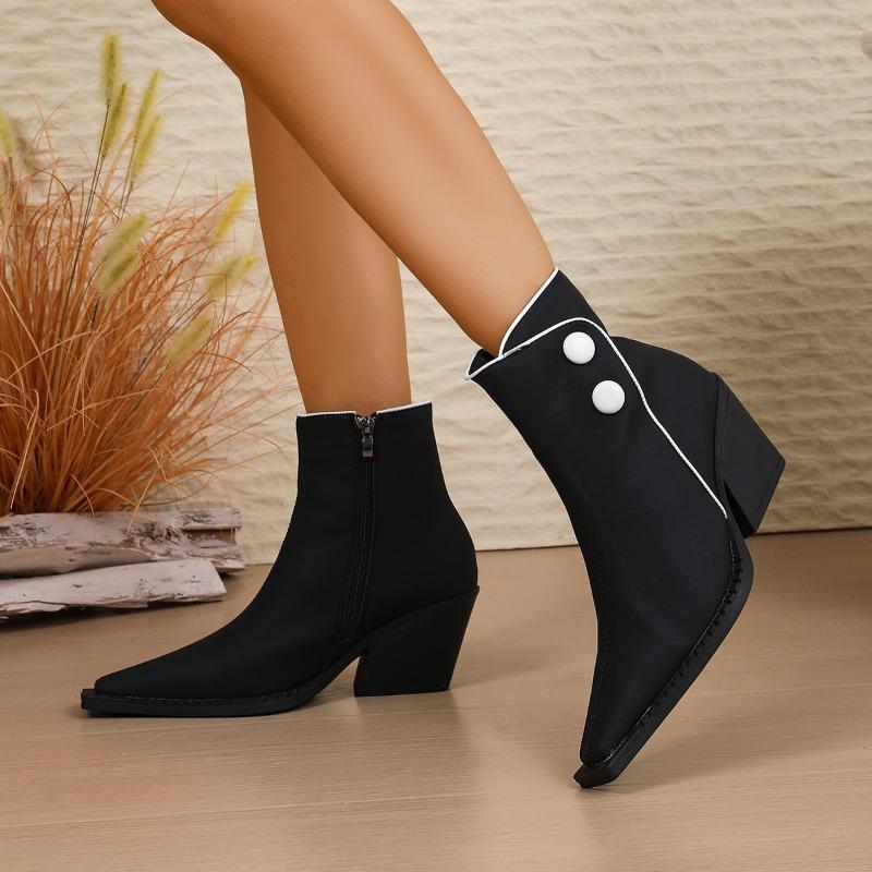 Fall New Single Boots Women's Pointed Toe Colorblock Side Zip Anti-Slip Wear-Resistant Block Heel Booties
