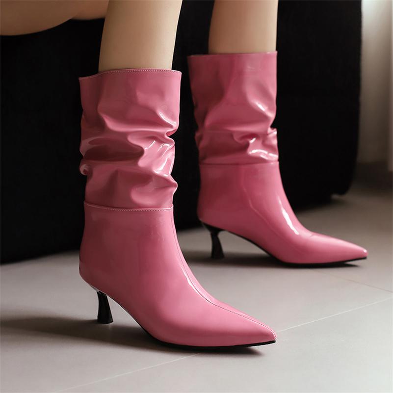 FOREADA Women Patent Leather Mid Calf Boots Pointed Toe Thin High Heels Pleated Ladies Fashion Shoes Autumn Winter Rose Red 46