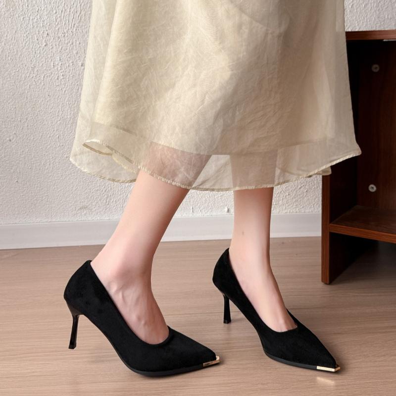 2026 Women's New High Heeled Shoes Pointed Toe Black Suede  Luxurious and Elegant Women's Shoes