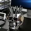 Heavy-duty Resin Pen Cup Skull Holder, Spooky Makeup Brush Detailed Mechanical Design Multi-functional Desktop Organizer for Home Office, Halloween