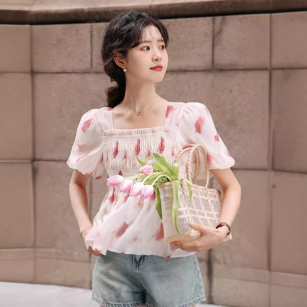 Summer short Spice Girl square collar coffee break light color new flared sleeves thin pullover French casual short-sleeved top women