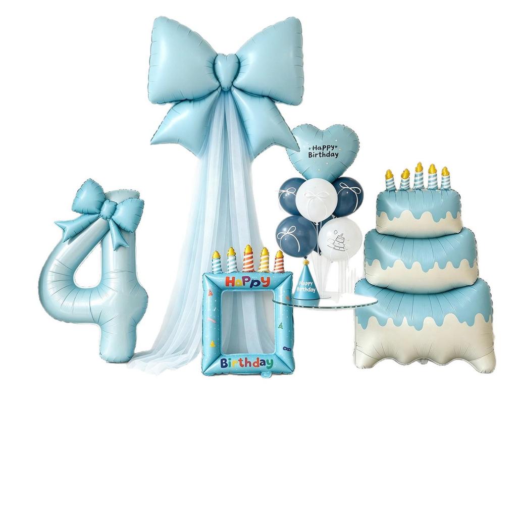 Blue First Birthday Party Decor Set with Bows, Cake Toppers, Number Balloons, and Photography Backdrop