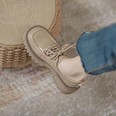 Soft Leather Platform Height-Increasing Leather Shoes Women's Spring New Muffin Shoes British Style Patent Leather Loafers Lace-up Shoes
