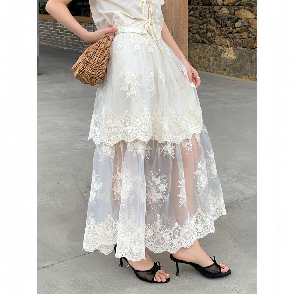 Interpret Beauty Summer 2025 French Lace A-line Midi Skirt S5185