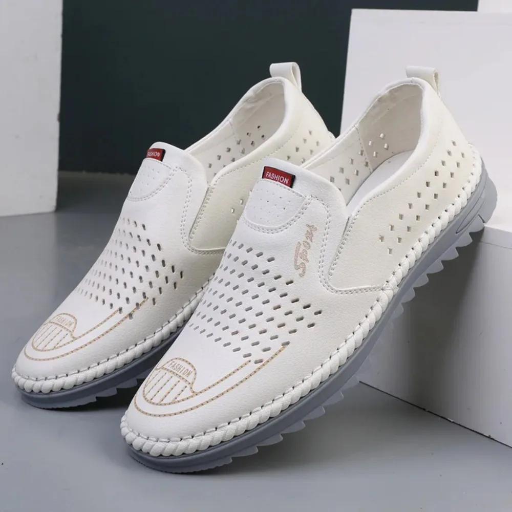 Fashion New Men's Casual Shoes Hollow Breathable Loafers Slip-on Sandals for Men PU Leather Breathable Shoes White Male Work Shoes