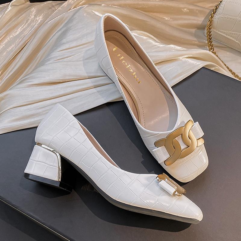 Fashion Chunky Med-High Heels Shoes Woman Luxury Metal Chain Pumps Alligator Mary Janes Ladies Dress Square Toe Tacones Mujer Escarpins