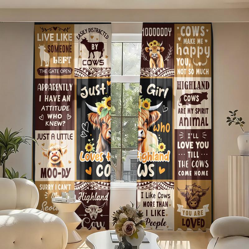 Highland Cow Pattern Curtains 2-Piece Set Pastoral Style Fun Quote Printed Curtains Living Room Bedroom Home Decor Curtains