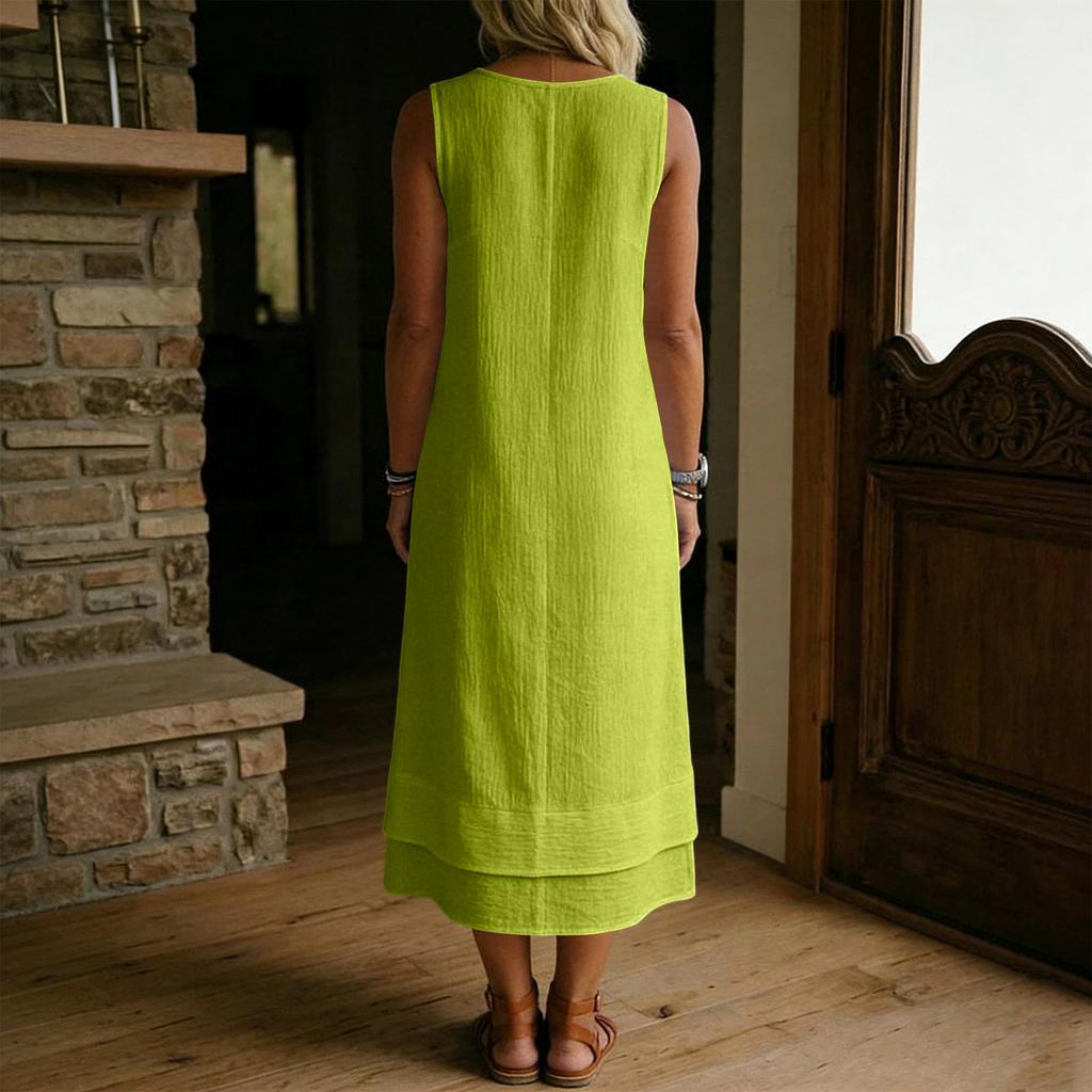 Ladies' Fashionable Casual Cotton And Linen Round Neck Sleeveless Dress
