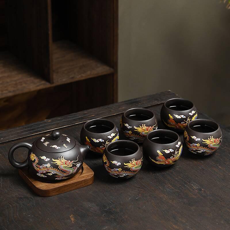 Color-Changing Chameleon Dragon & Phoenix Zisha Teapot Set - Xishi Design Gift Box