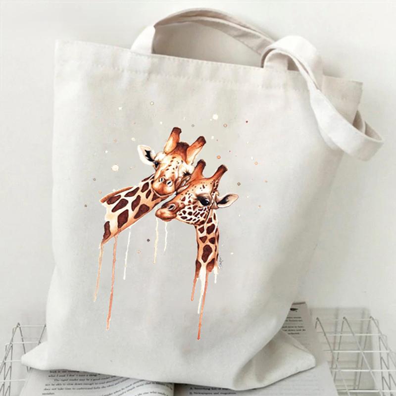 Shopping Bag Giraffe Fashion Cartoon Canvas Portable Tote Bag Women Men Street Aesthetics Style Giraffe Reusable Student Handbag