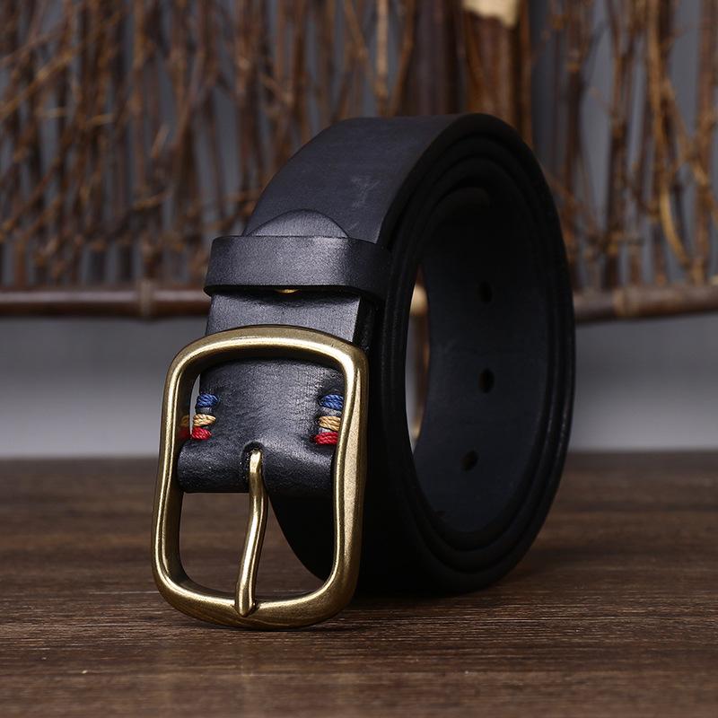 3.8CM Wide Thick Top Layer Pure Cowhide Copper Buckle Genuine Leather Belt for Men's Retro Versatile Jeans Belt