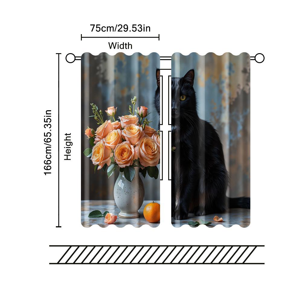 2 Pcs, Filtering Curtains (excluding Rods, Non-movable, Without Batteries) Black Cat with Floral Bouquet for Use In Bedrooms and