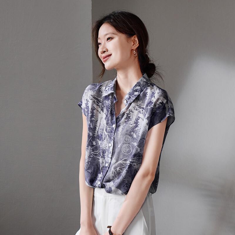 SOFSIL Women's 2026 Summer Silk Printed Short Sleeve Lapel Shirt