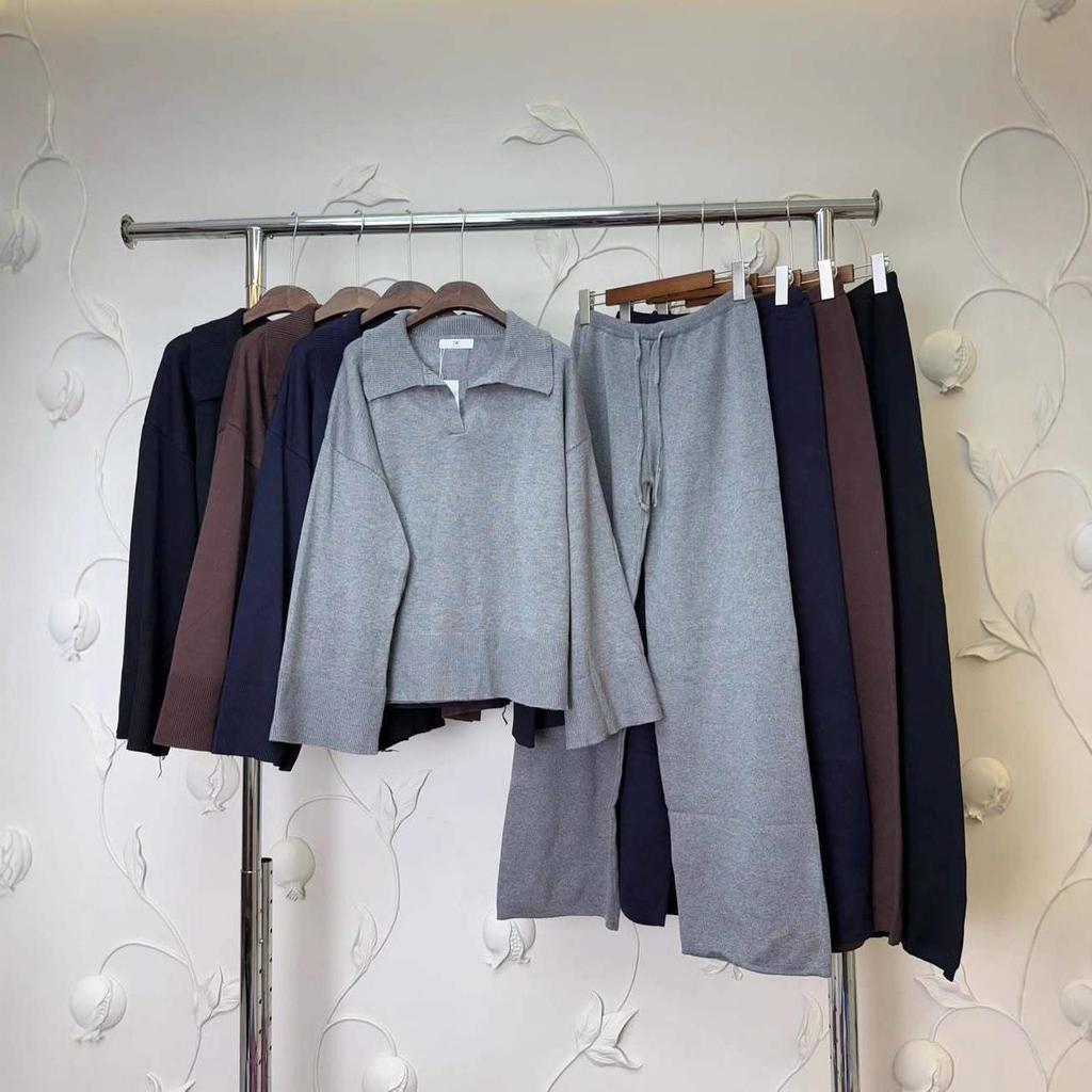 Autumn 2025 Women's Polo Collar Top & Wide Leg Pants Set