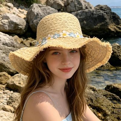 Sun Hat Hand-Crocheted Chrysanthemums Large Brim Strong Sun Protection Wave Shape Face Slimming Vacation Style Travel Hat