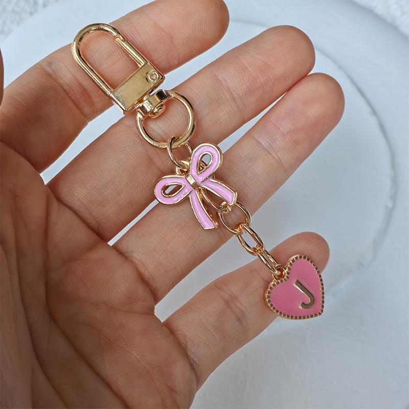 Creative Letters Metal Pink Bow Keychain Fashion A-Z 26 Letters Keyring Charms Mobile Phone Key Holders Bag Accessories Gift